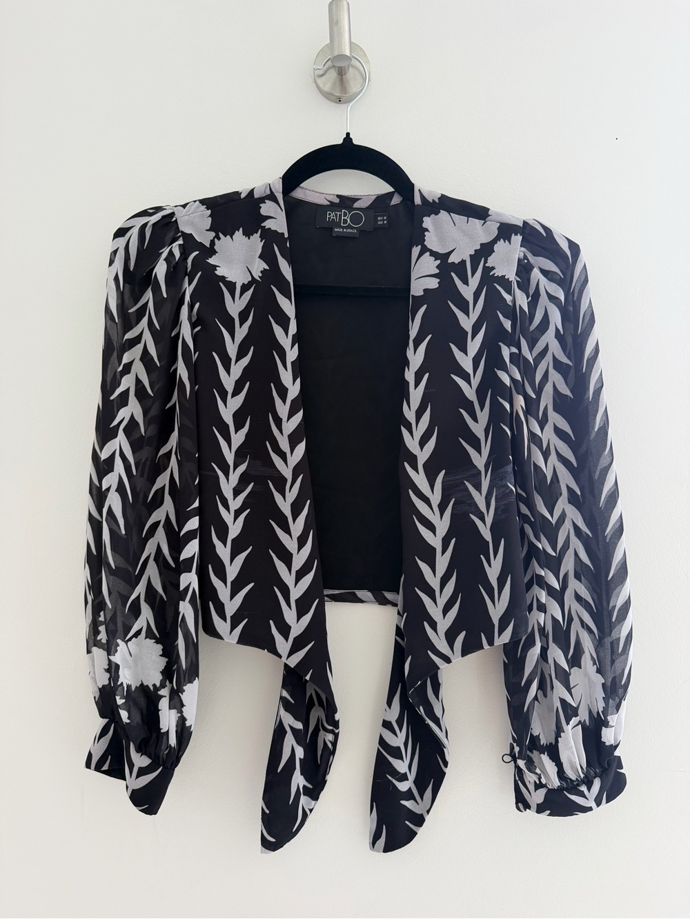 PatBO Black and White Sheer Leaf-Print Draped Cardigan